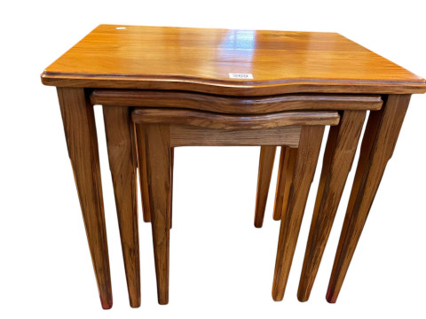 Bespoke American elm nest of three tables with squirrel motif, largest...