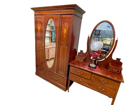 Edwardian inlaid mahogany four piece bedroom suite comprising mirror door...