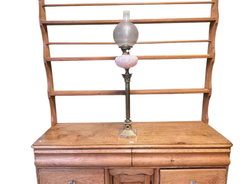Victorian waxed pine dresser and Delft rack, 226cm by 151cm by 49cm.