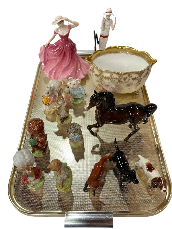 Beswick animals, Beatrix Potter figures, Royal Doulton 'Ellen', Chelsea Albany figure, hand painted planters, etc.