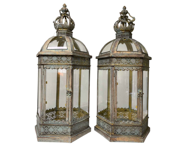 Pair of metal glazed hexagonal hall lanterns.