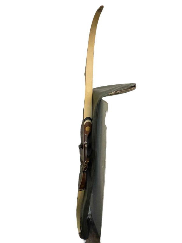 Collection of archery items including bow, two boxes of arrows, two wood cases and accessories.