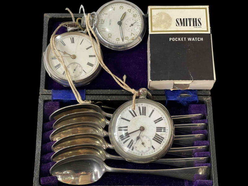 Victorian silver gents pocket watch, three other pocket watches, and set of six silver teaspoons.