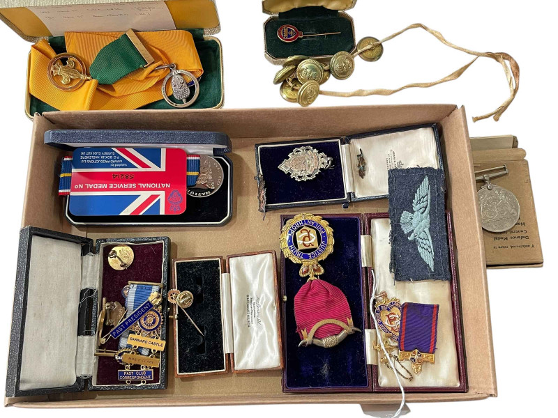 Medals including 9 carat gold Durham Lodge, silver, etc.
