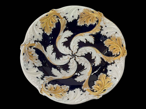 Victorian Meissen Pottery dish decorated with radiating gilt and white...