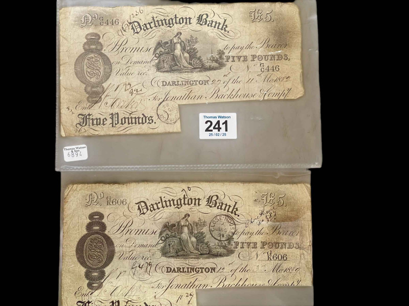 Two Darlington Bank £5 notes.