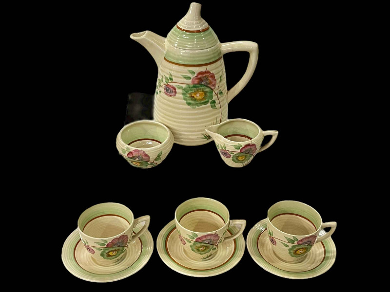 Clarice Cliff Corolla pattern lynton shape part coffee set.