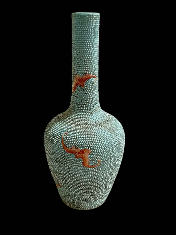 Chinese bat on blue ground bottle vase, iron red seal mark, 21cm.