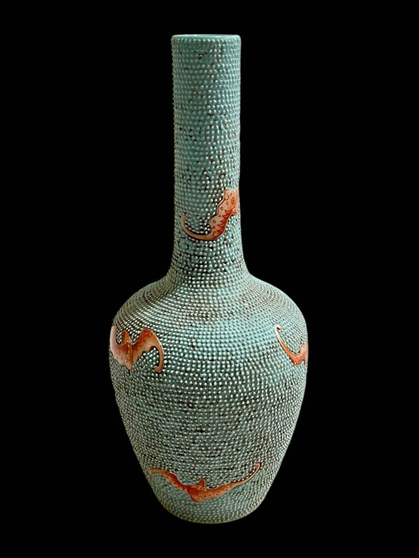 Chinese bat on blue ground bottle vase, iron red seal mark, 21cm.