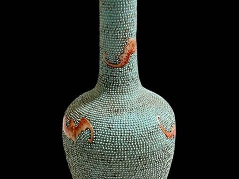 Chinese bat on blue ground bottle vase, iron red seal mark, 21cm. thumbnail