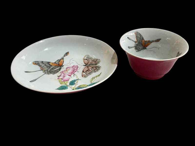 Chinese tea bowl and saucer, well painted with butterflies and flower.
