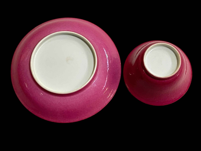 Chinese tea bowl and saucer, well painted with butterflies and flower.