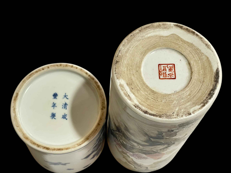 Chinese sleeve vase with hen in tree decoration, and blue and white vase, tallest 27.5cm (2).