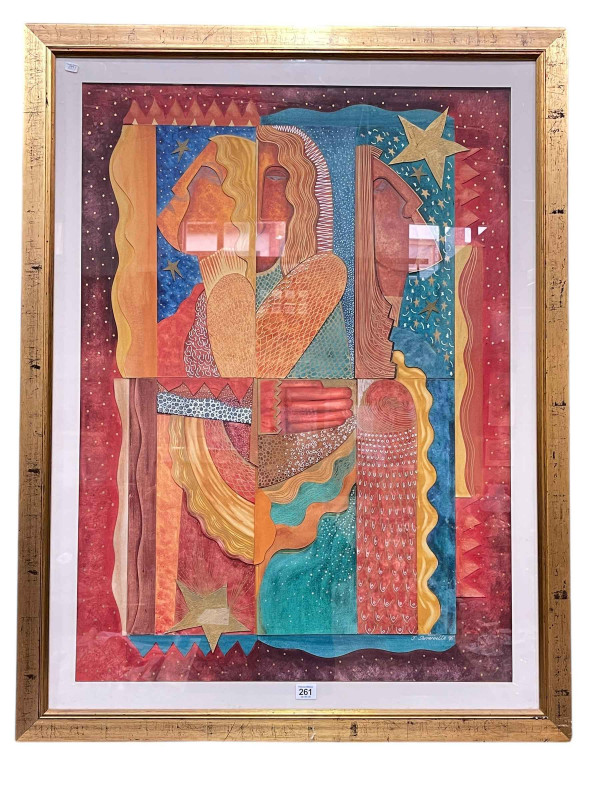 Joan Somerville, contemporary mixed media decoupage, signed and dated 96 lower right, 92cm by 66cm, in gilt glazed frame.