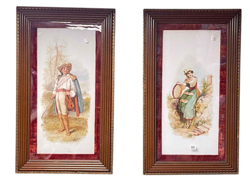 Pair late Victorian/Edwardian paintings on glass of musicians, 85.5cm by 45.5cm including frames.
