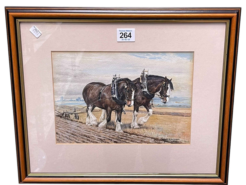 DM & EM Alderson, Two Working Shire Horses, watercolour, signed and dated 1953 lower right, 17cm by 25cm, framed.