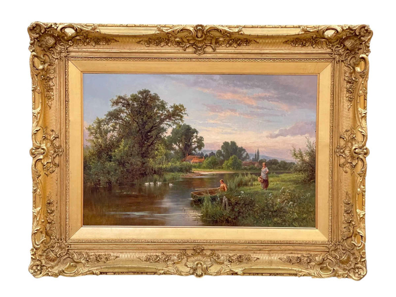 Henry H Parker (1858-1930), A Summers Day on the Thames, oil on canvas, signed lower right, 58cm by 88cm, in ornate gilt frame.