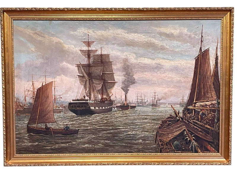 B Benedict Hemy, Flotilla of Masted Ships, oil on board, signed lower left, 58cm by 88cm, in gilt frame.