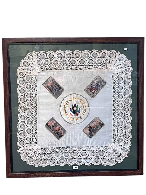 Framed WWI silk souvenir, 80cm by 80cm including frame.