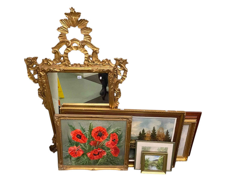 Gilt framed wall mirror and collection of six various pictures.