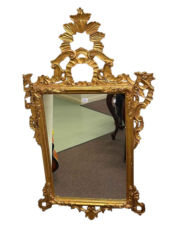 Gilt framed wall mirror and collection of six various pictures.