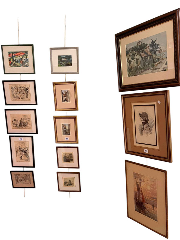 Collection of sixteen various pictures including small watercolours of Whitby, prints of etchings, etc.
