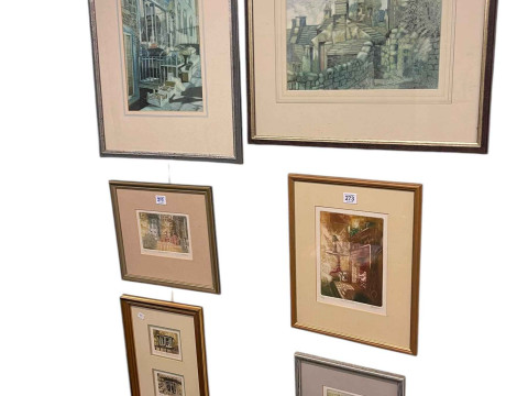 Collection of fourteen various framed pictures including limited edition John Degnan, J Barclay watercolour, landscape watercolour, two Continental oils, pair landscape oils, etc. thumbnail