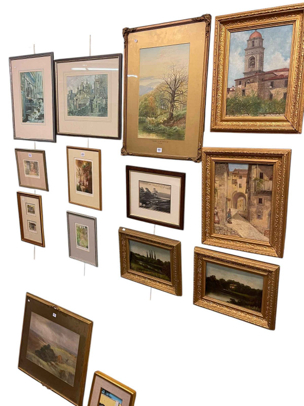 Collection of fourteen various framed pictures including limited edition John Degnan, J Barclay watercolour, landscape watercolour, two Continental oils, pair landscape oils, etc.