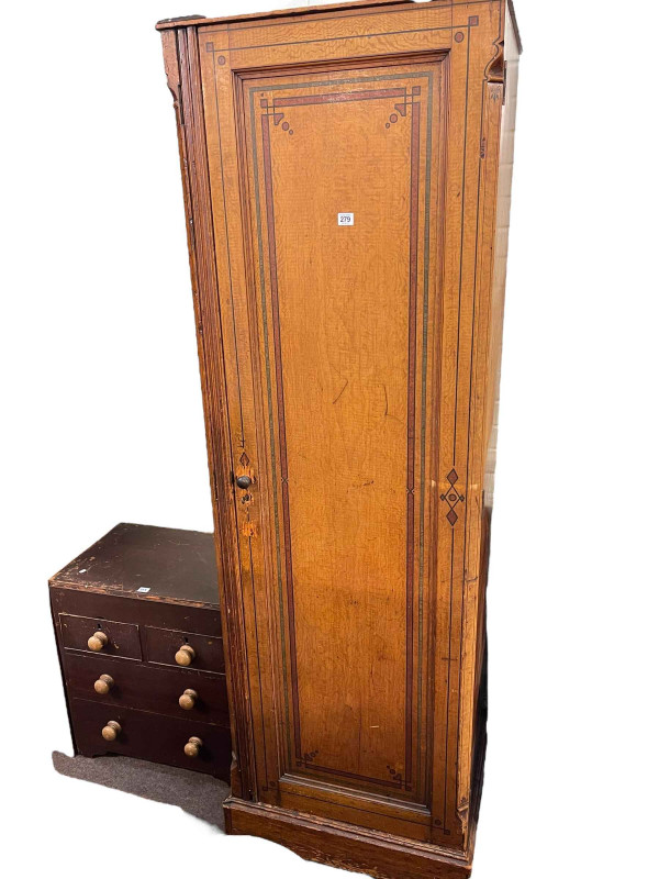 Victorian slim painted pine single door wardrobe, 204cm by 69cm by 57cm, and small Victorian pine chest of two short above two long drawers, 66.5cm by 61cm by 41cm (2).