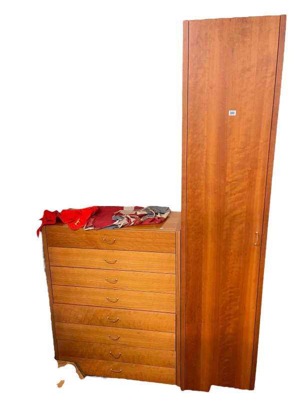 Contemporary slim single door fitted cupboard, 206cm by 44cm by 40cm together with a matching chest of four long drawers,104cm by 83cm by 40cm.