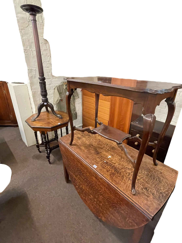 Victorian octagonal inlaid rosewood occasional table, mahogany reeded column triform plant stand, Victorian rectangular mahogany occasional table and oak gate leg dining table (4).