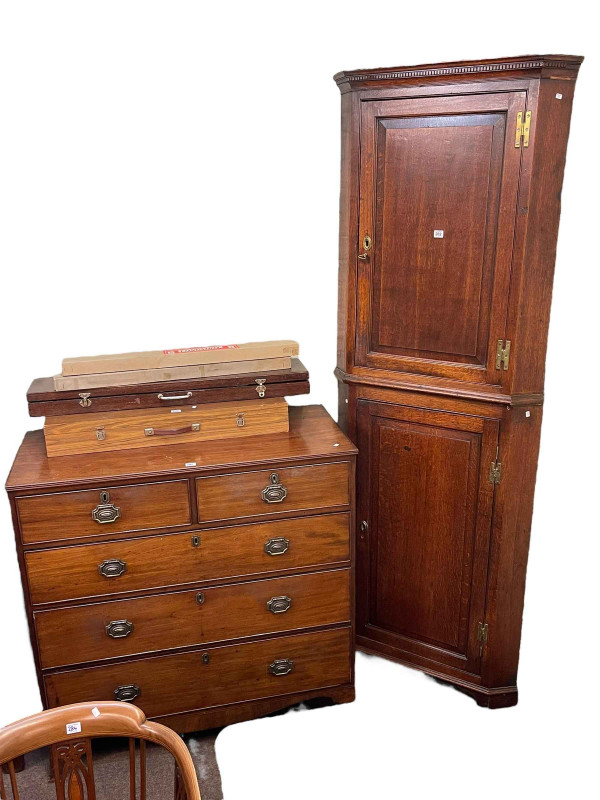 Georgian oak double standing corner cabinet 225cm and Georgian mahogany chest of two short above three long drawers, 109cm by 108cm by 49cm (2).