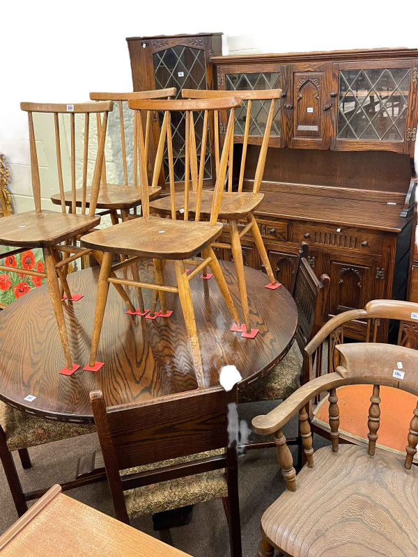 Webber Furniture seven piece dining suite comprising glazed door top dresser, glazed door top double standing corner cabinet, circular pedestal dining table and four panel back dining chairs.