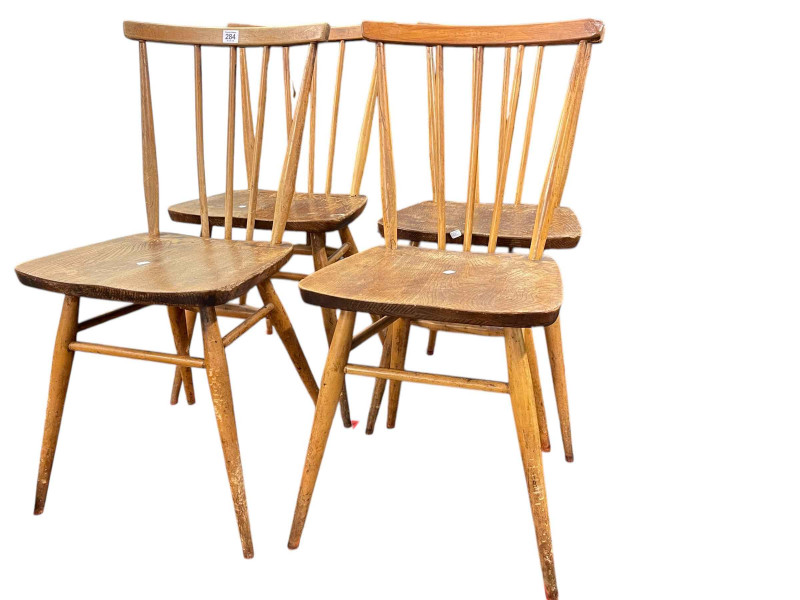 Set of four vintage Ercol dining chairs, Captains chair, Edwardian inlaid mahogany occasional chair, milking stool and turned leg table (8).
