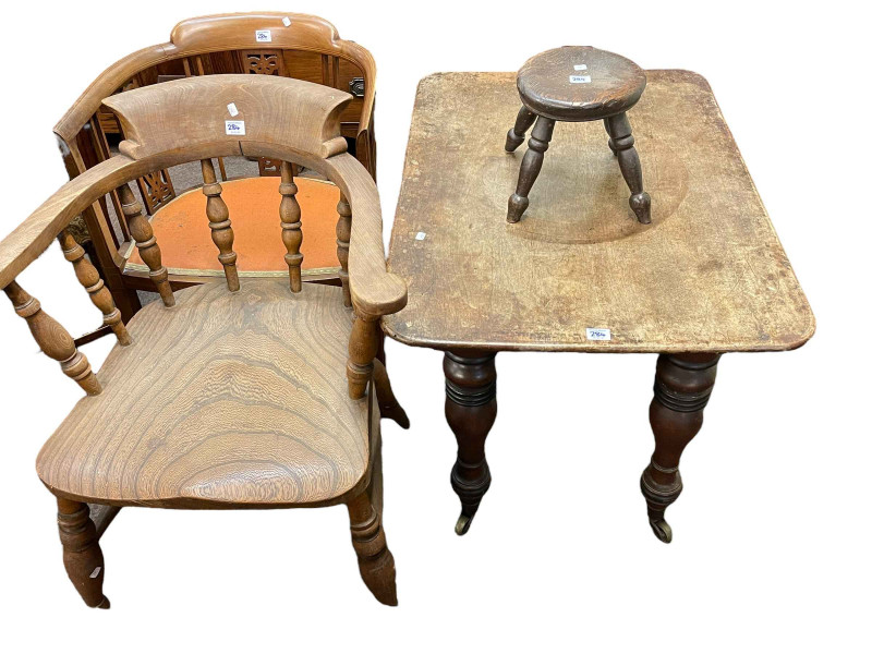 Set of four vintage Ercol dining chairs, Captains chair, Edwardian inlaid mahogany occasional chair, milking stool and turned leg table (8).