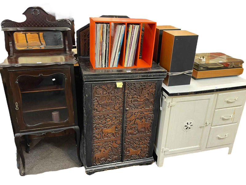 Slim oak glazed door bookcase, Edwardian mahogany glazed door music cabinet, carved two door cupboard and vintage kitchen cabinet (4).