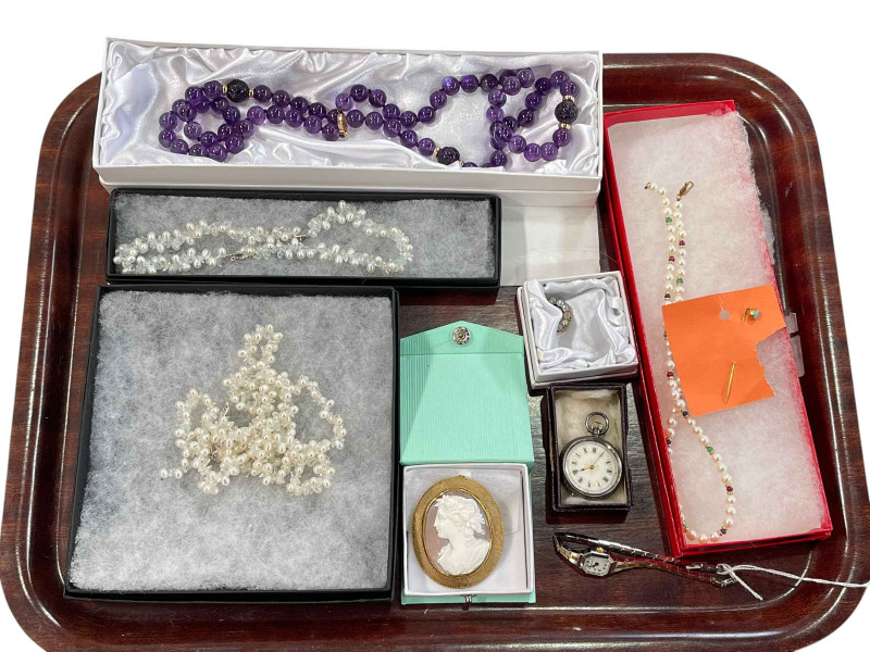 Jewellery including cameo brooch, turquoise stick pin, silver fob watch, necklaces, etc.
