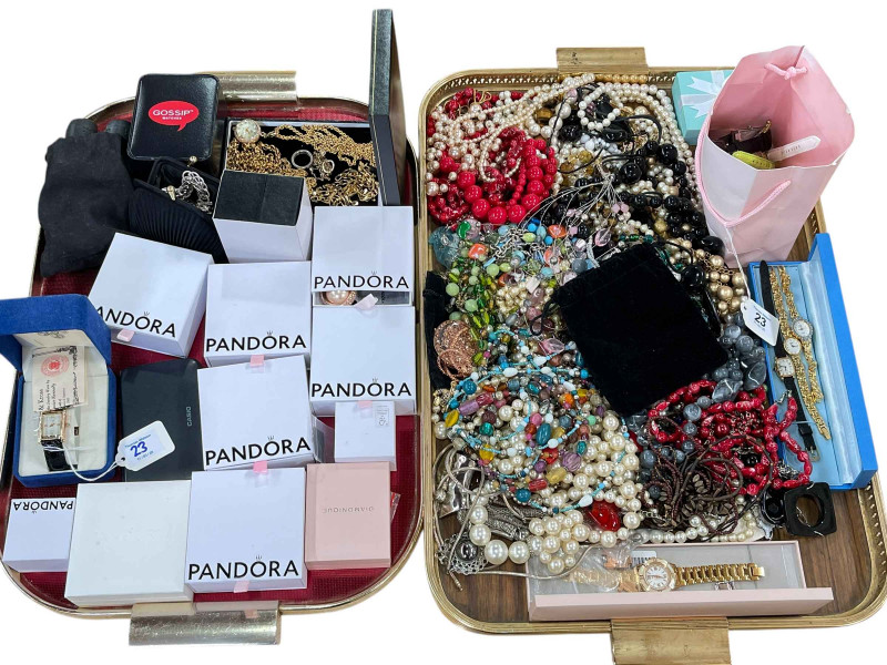 Two trays with costume jewellery, watches, etc.