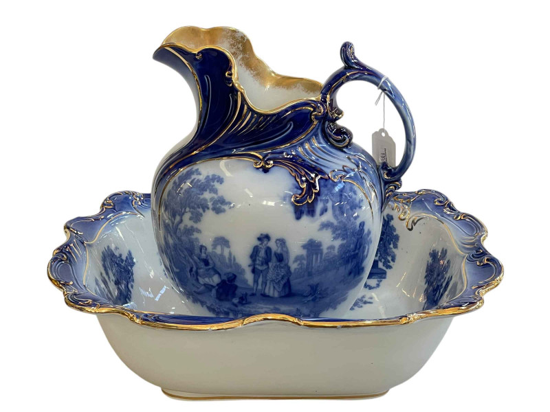 Doulton Burslem Flo blue and white Watteau toilet jug and basin.
