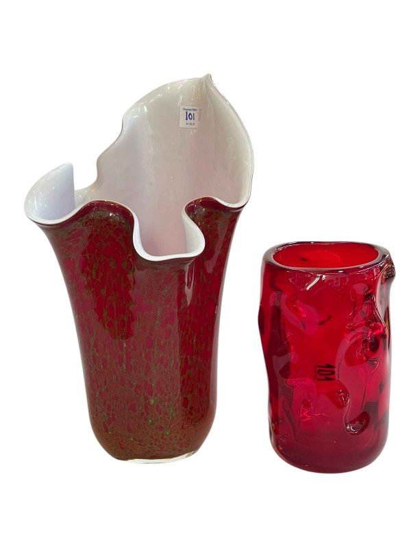 Whitefriars ruby red knobbly art glass vase and Murano style glass vase with handkerchief style rim.