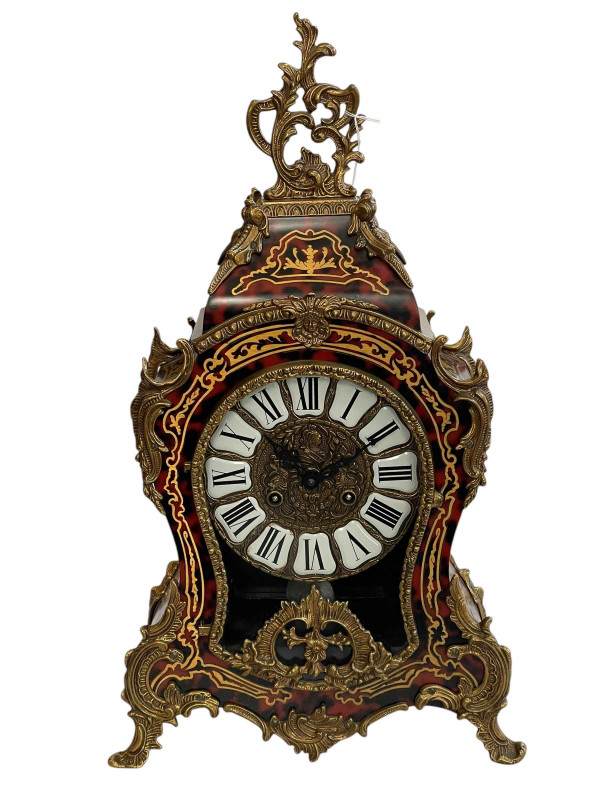 Gilt metal mounted Boullé mantel clock with enamel dial, 58cm.