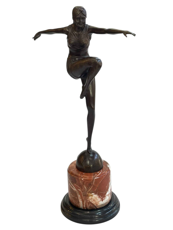 Art Deco style bronze of dancing lady on marble plinth, 55cm.