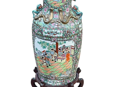Large pair of floor standing Cantonese famille rose vases with decorated panels on floral ground each on six footed wooden stands, 86cm including stand. thumbnail