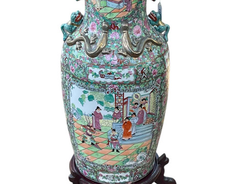 Large pair of floor standing Cantonese famille rose vases with decorated panels on floral ground each on six footed wooden stands, 86cm including stand. thumbnail