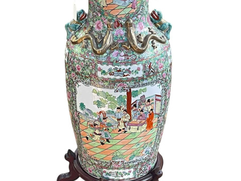 Large pair of floor standing Cantonese famille rose vases with decorated panels on floral ground each on six footed wooden stands, 86cm including stand. thumbnail