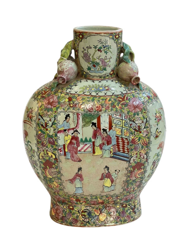 Large Cantonese 19th Century flask shaped vase decorated with figures in panels surrounded by flowers and butterflies, the short cylindrical neck flanked with pomegranates, 40.5cm.