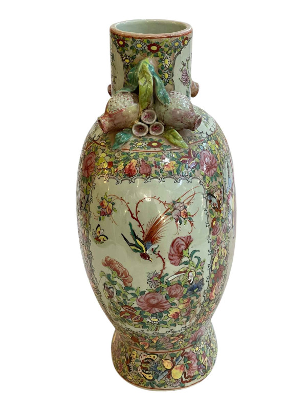 Large Cantonese 19th Century flask shaped vase decorated with figures in panels surrounded by flowers and butterflies, the short cylindrical neck flanked with pomegranates, 40.5cm.
