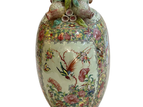 Large Cantonese 19th Century flask shaped vase decorated with figures in panels surrounded by flowers and butterflies, the short cylindrical neck flanked with pomegranates, 40.5cm. thumbnail