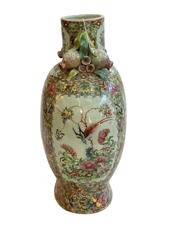 Large Cantonese 19th Century flask shaped vase decorated with figures in panels surrounded by flowers and butterflies, the short cylindrical neck flanked with pomegranates, 40.5cm.