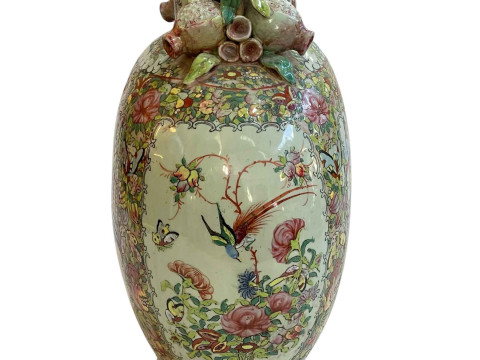 Large Cantonese 19th Century flask shaped vase decorated with figures in panels surrounded by flowers and butterflies, the short cylindrical neck flanked with pomegranates, 40.5cm. thumbnail